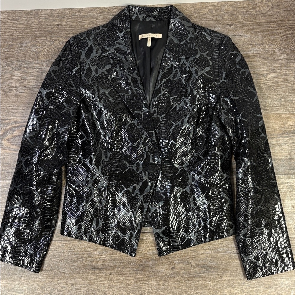 In Suede Genuine Leather Black Snakeskin Blazer Jacket – Size M